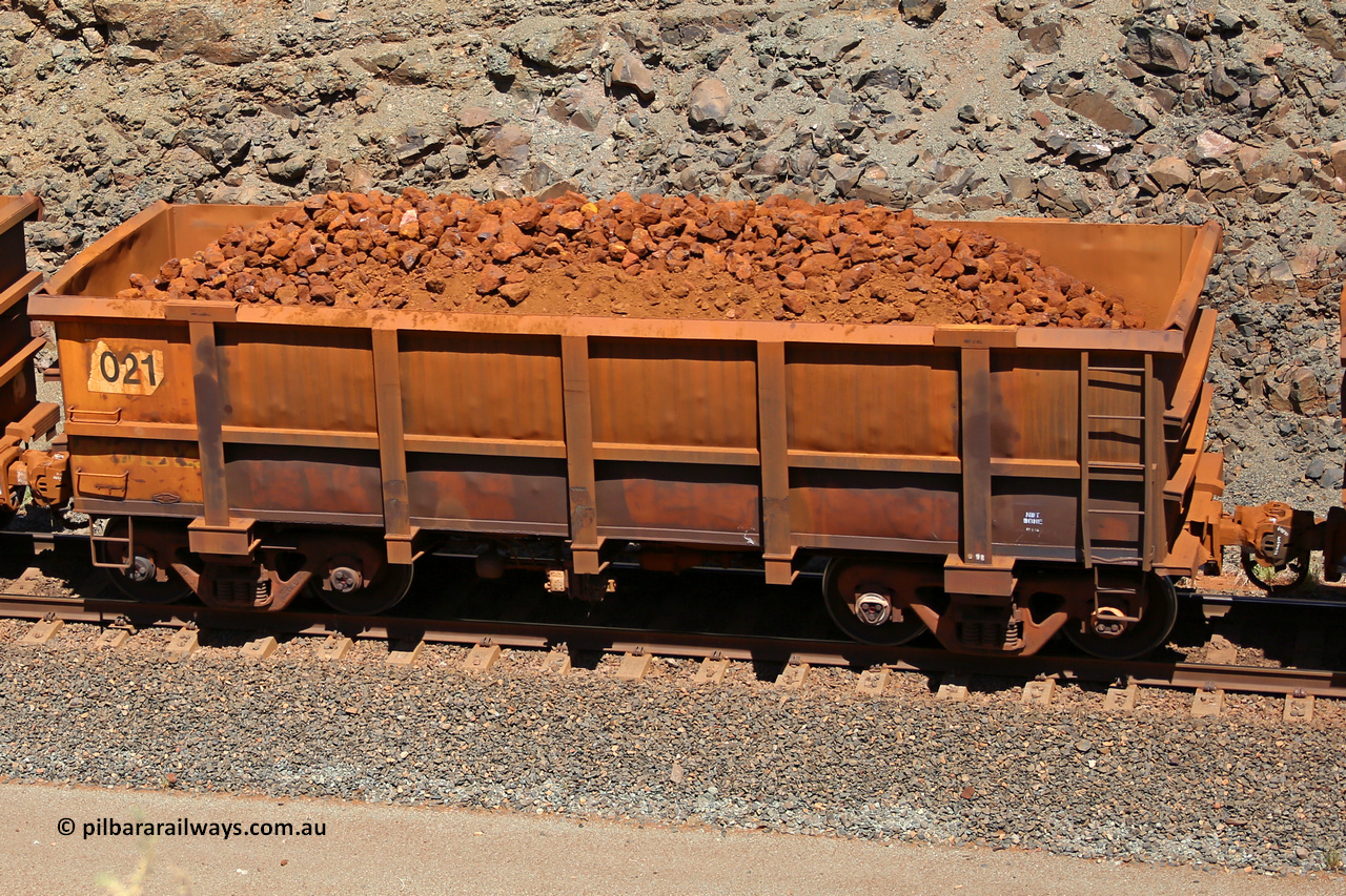 0021 160306 1664
Robe River ore waggon 021, built by Nippon Sharyo Nihon, fixed coupler non-handbrake side loaded view at the 45 km, Harding Siding on the Cape Lambert line. March 6, 2016.
Keywords: 021;Nippon-Sharyo-Nihon;Robe-ore-waggon;