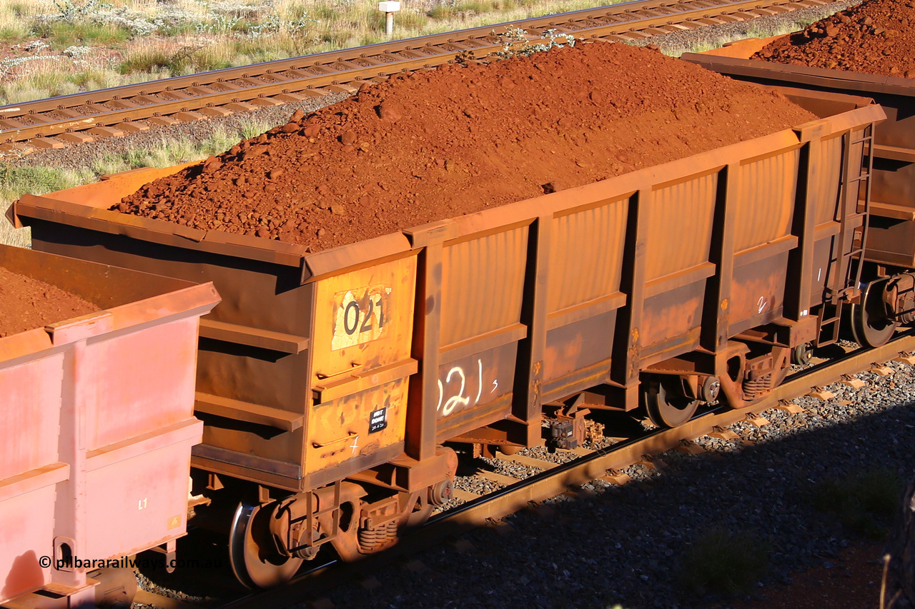 0021 210322 9794
Robe River ore waggon 021, built by Nippon Sharyo Nihon, rotary coupler end non-handbrake side loaded view at the 17 km on the Cape Lambert line, March 22, 2021.
Keywords: 021;Nippon-Sharyo-Nihon;Robe-ore-waggon;