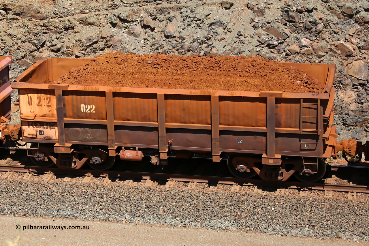 0022 160306 1645
Robe River ore waggon 022, built by Nippon Sharyo Nihon, fixed coupler non-handbrake side loaded view at the 45 km, Harding Siding on the Cape Lambert line. March 6, 2016.
Keywords: 022;Nippon-Sharyo-Nihon;Robe-ore-waggon;