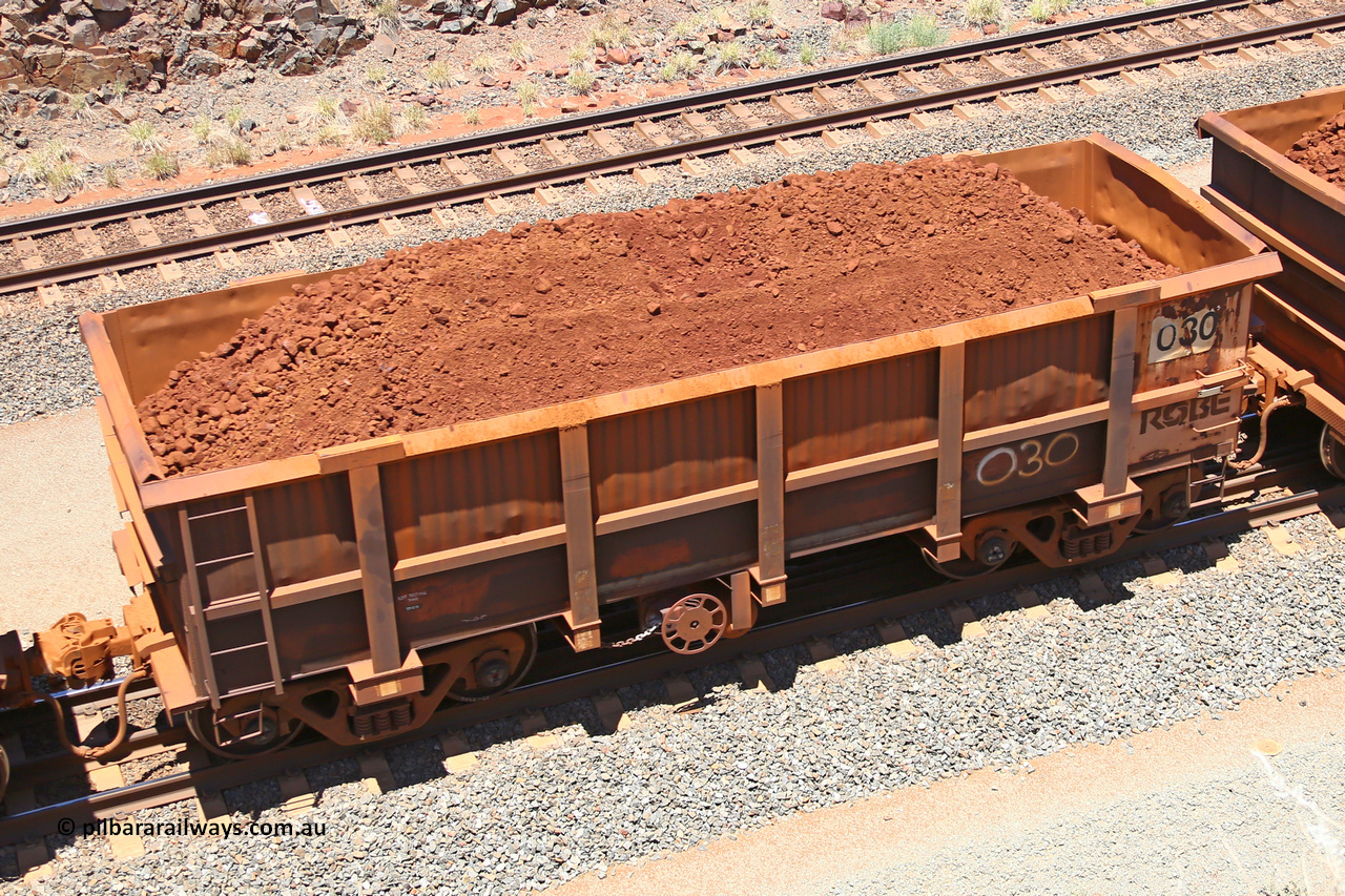 0030 160306 1454
Robe River ore waggon 030, built by Nippon Sharyo Nihon, fixed coupler handbrake side loaded view at the 45 km, Harding Siding on the Cape Lambert line. March 6, 2016.
Keywords: 030;Nippon-Sharyo-Nihon;Robe-ore-waggon;