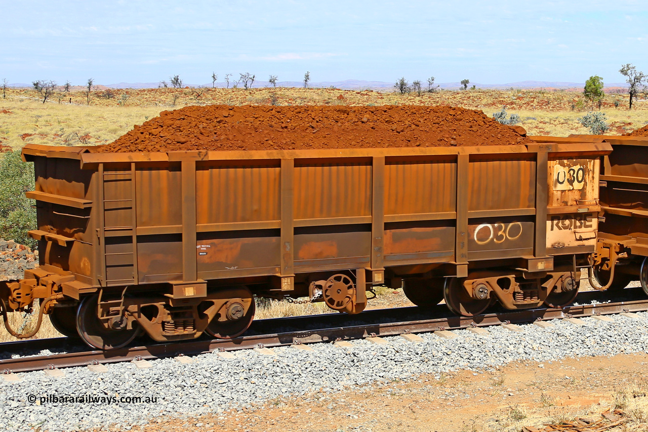0030 170729 0209
Robe River ore waggon 030, built by Nippon Sharyo Nihon, fixed coupler handbrake side loaded view at the 103 km, between Maitland Siding and the Fortescue River on the Deepdale line. July 29, 2017.
Keywords: 030;Nippon-Sharyo-Nihon;Robe-ore-waggon;