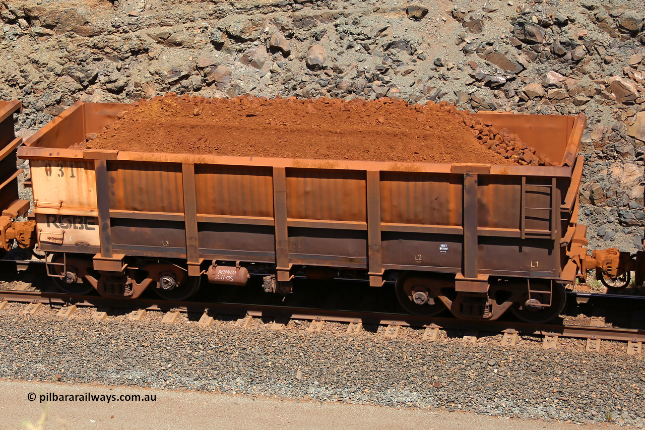 0031 160306 1632
Robe River ore waggon 030, built by Nippon Sharyo Nihon, fixed coupler non-handbrake side loaded view at the 45 km, Harding Siding on the Cape Lambert line. March 6, 2016.
Keywords: 031;Nippon-Sharyo-Nihon;Robe-ore-waggon;