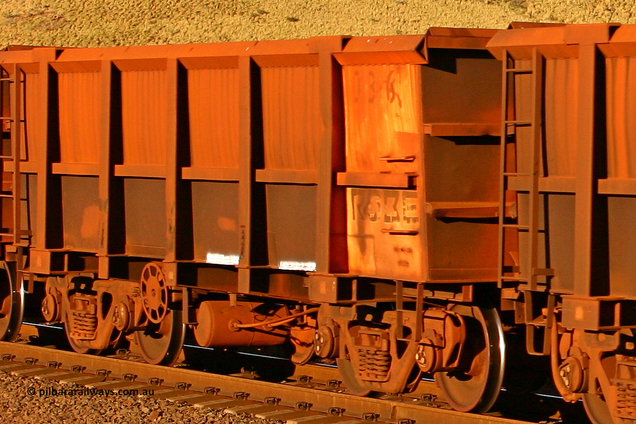 0036 060722 7609
Robe River ore waggon 036, built by Nippon Sharyo Nihon, rotary coupler end handbrake side empty partial view at the 11.7 km, Cape Lambert. July 22, 2006.
Keywords: 036;Nippon-Sharyo-Nihon;Robe-ore-waggon;