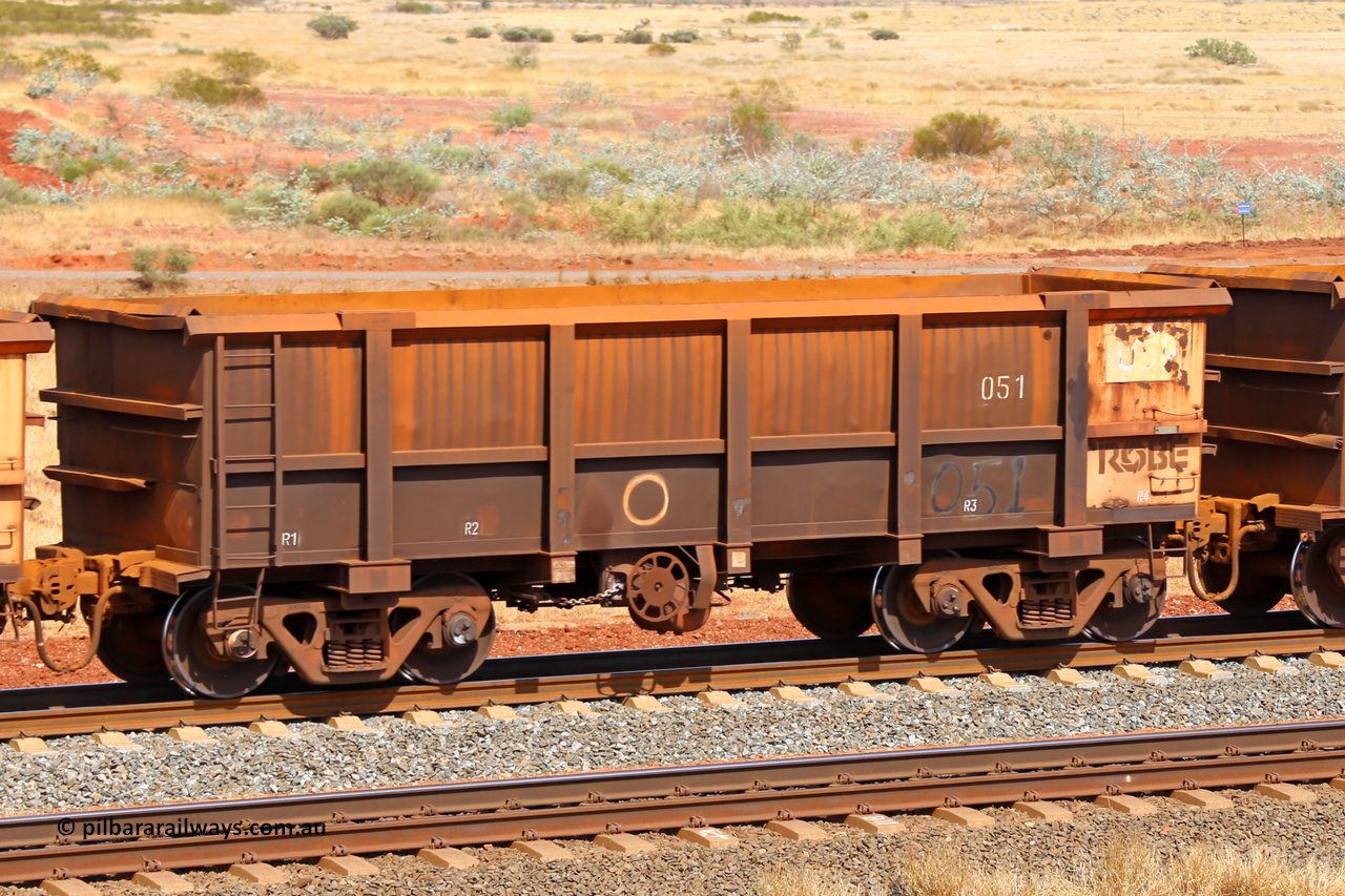 0051 141124 6775
Robe River ore waggon 051, built by Nippon Sharyo Nihon, fixed coupler handbrake side empty view at the 25 km at Arches Siding on the Cape Lambert line. November 24, 2014.
Keywords: 051;Nippon-Sharyo-Nihon;Robe-ore-waggon;