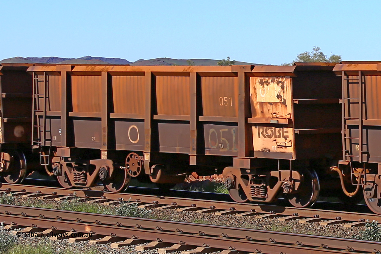0051 160727 0970
Robe River ore waggon 051, built by Nippon Sharyo Nihon, rotary coupler end handbrake side empty view at Harding Siding on the Cape Lambert line, July 27, 2016.
Keywords: 051;Nippon-Sharyo-Nihon;Robe-ore-waggon;