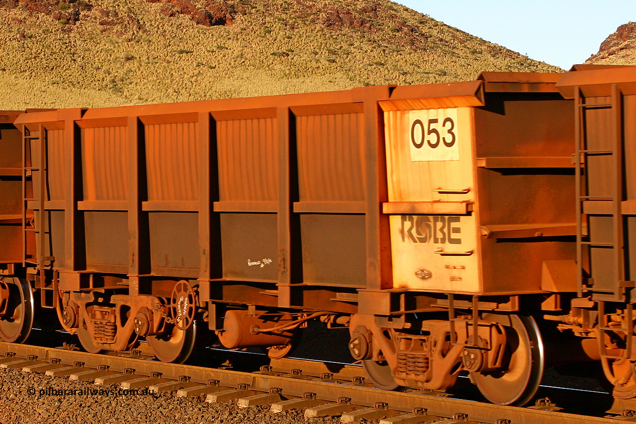 0053 060722 7592
Robe River ore waggon 053, built by Nippon Sharyo Nihon, rotary coupler end handbrake side empty view at the 11.7 km, Cape Lambert. July 22, 2006.
Keywords: 053;Nippon-Sharyo-Nihon;Robe-ore-waggon;