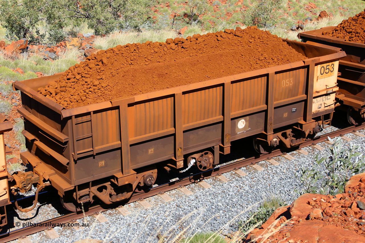 0053 180616 1859
Robe River ore waggon 053, built by Nippon Sharyo Nihon, fixed coupler handbrake side loaded view at Maitland Siding on the Deepdale line, June 16, 2018.
Keywords: 053;Nippon-Sharyo-Nihon;Robe-ore-waggon;