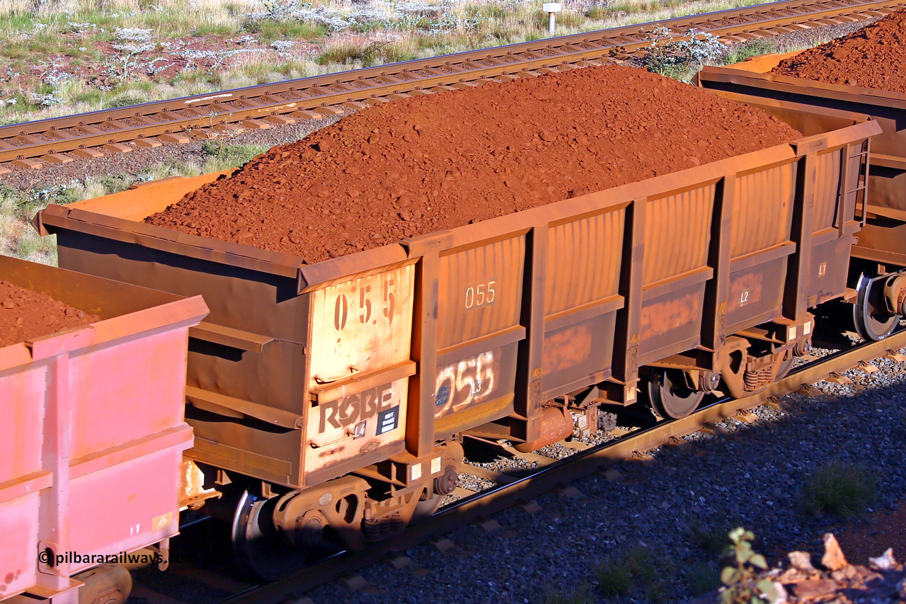 0055 210322 9746
Robe River ore waggon 055, built by Nippon Sharyo Nihon, rotary coupler end non-handbrake side loaded view at the 17 km on the Cape Lambert line, March 22, 2021.
Keywords: 055;Nippon-Sharyo-Nihon;Robe-ore-waggon;