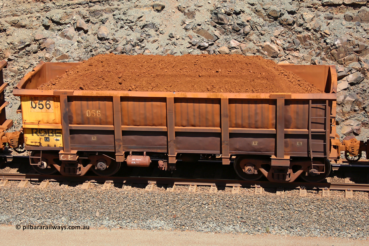 0056 160306 1556
Robe River ore waggon 056, built by Nippon Sharyo Nihon, fixed coupler non-handbrake side loaded view at the 45 km, Harding Siding on the Cape Lambert line. March 6, 2016.
Keywords: 056;Nippon-Sharyo-Nihon;Robe-ore-waggon;