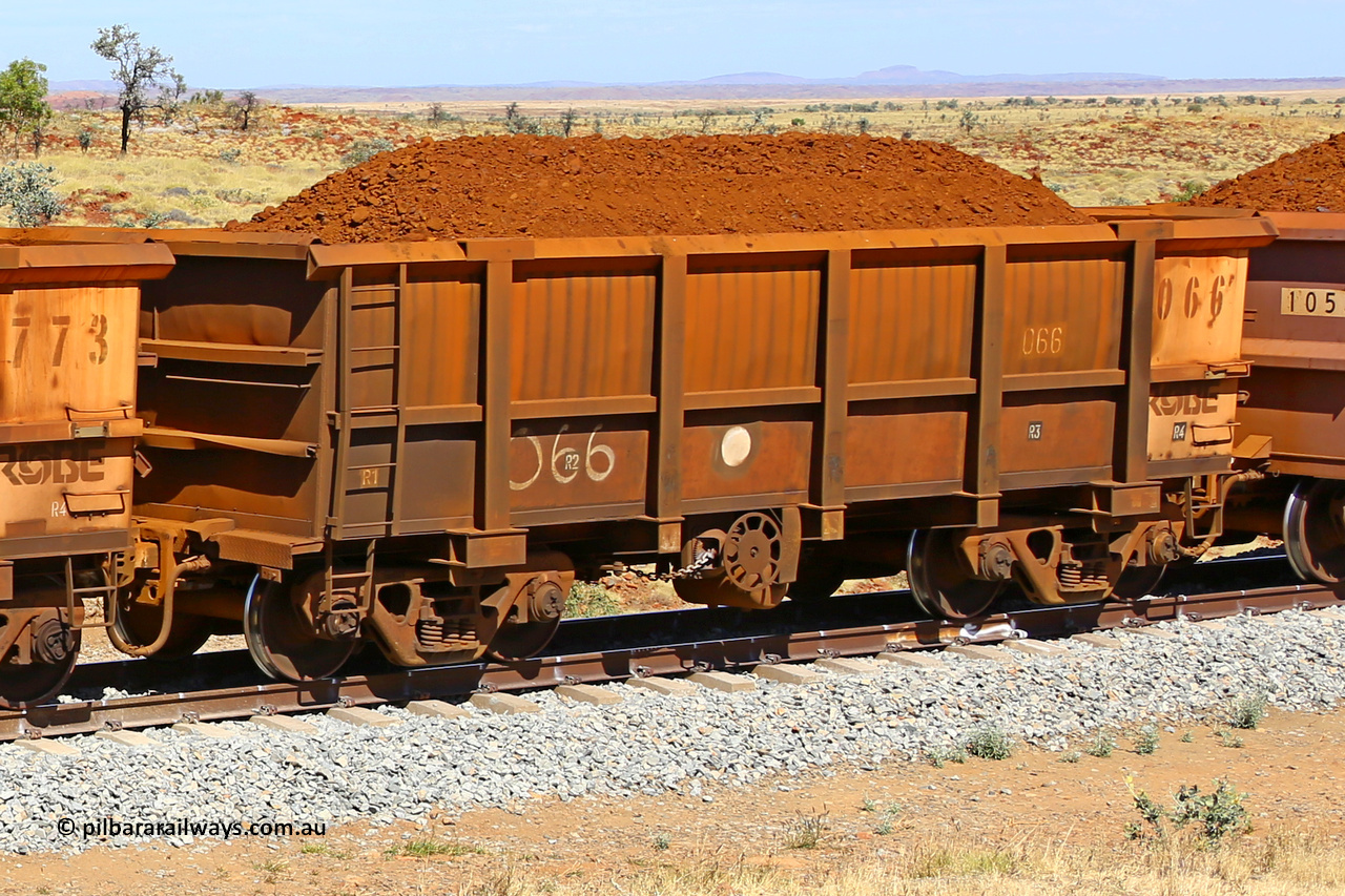 0066 170729 0212
Robe River ore waggon 066, built by Nippon Sharyo Nihon, fixed coupler handbrake side loaded view at the 103 km, between Maitland Siding and the Fortescue River on the Deepdale line. July 29, 2017.
Keywords: 066;Nippon-Sharyo-Nihon;Robe-ore-waggon;