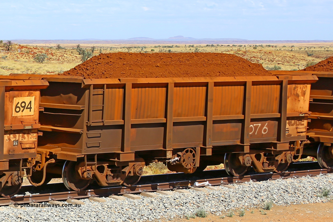 0076 170729 0225
Robe River ore waggon 076, built by Nippon Sharyo Nihon, fixed coupler handbrake side loaded view at the 103 km, between Maitland Siding and the Fortescue River on the Deepdale line. July 29, 2017.
Keywords: 076;Nippon-Sharyo-Nihon;Robe-ore-waggon;