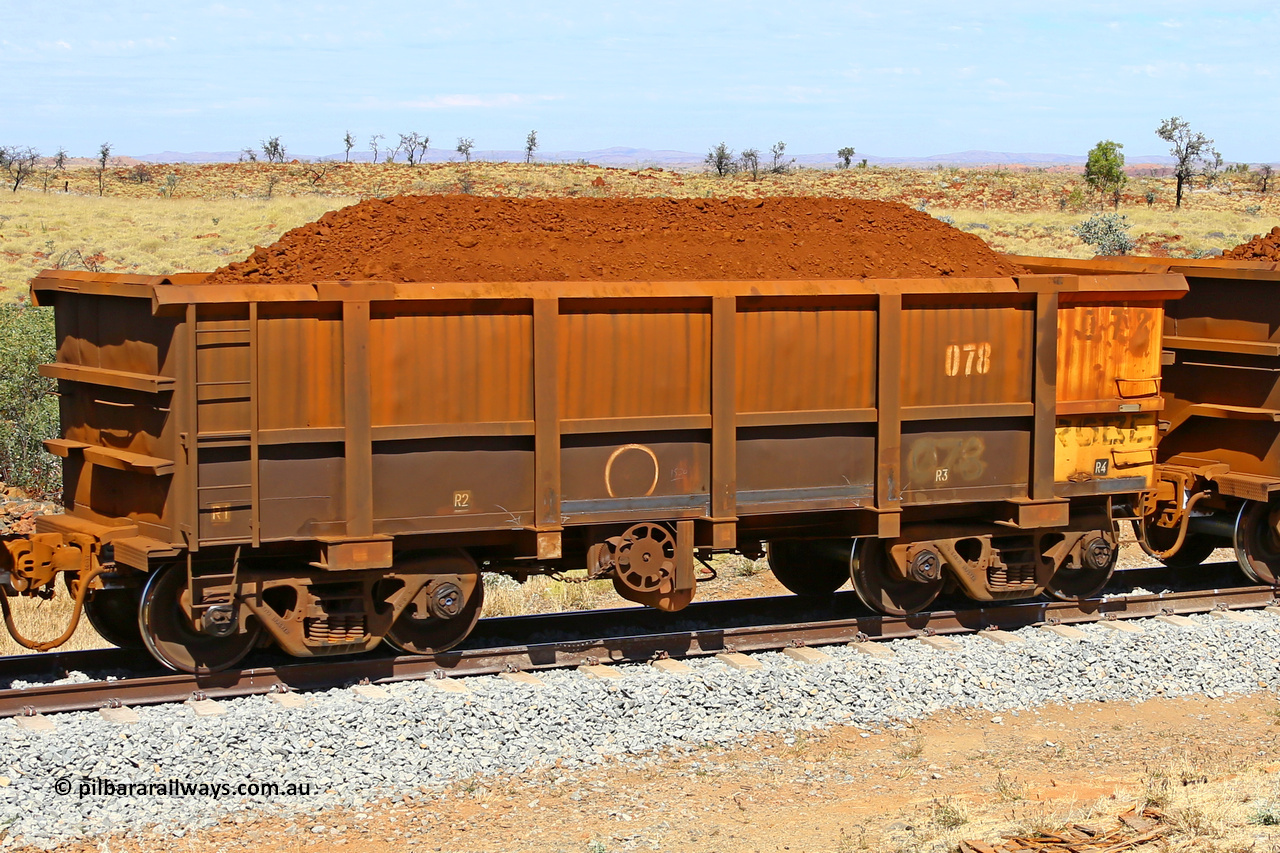 0078 170729 0232
Robe River ore waggon 078, built by Nippon Sharyo Nihon, fixed coupler handbrake side loaded view at the 103 km, between Maitland Siding and the Fortescue River on the Deepdale line. July 29, 2017.
Keywords: 078;Nippon-Sharyo-Nihon;Robe-ore-waggon;