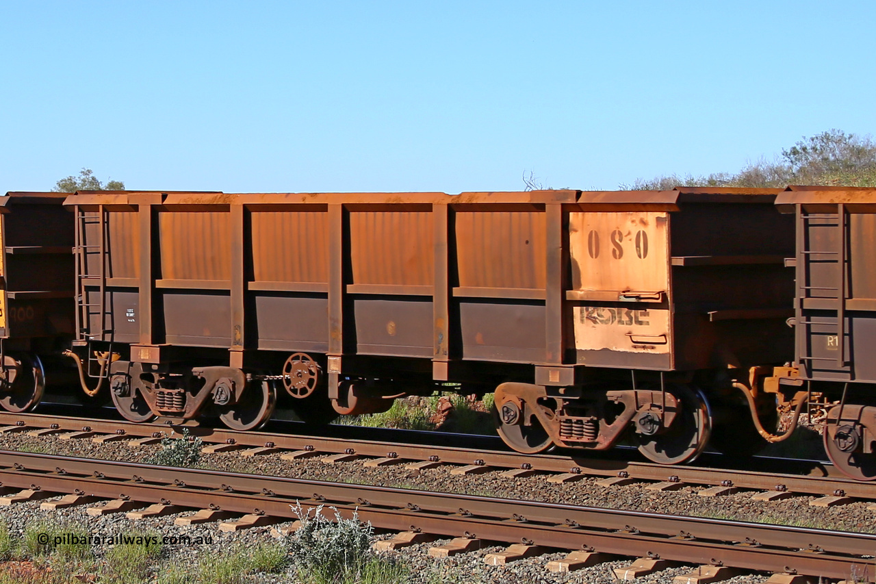0080 160727 0968
Robe River ore waggon 080, built by Nippon Sharyo Nihon, rotary coupler end handbrake side empty view at Harding Siding on the Cape Lambert line, July 27, 2016.
Keywords: 080;Nippon-Sharyo-Nihon;Robe-ore-waggon;