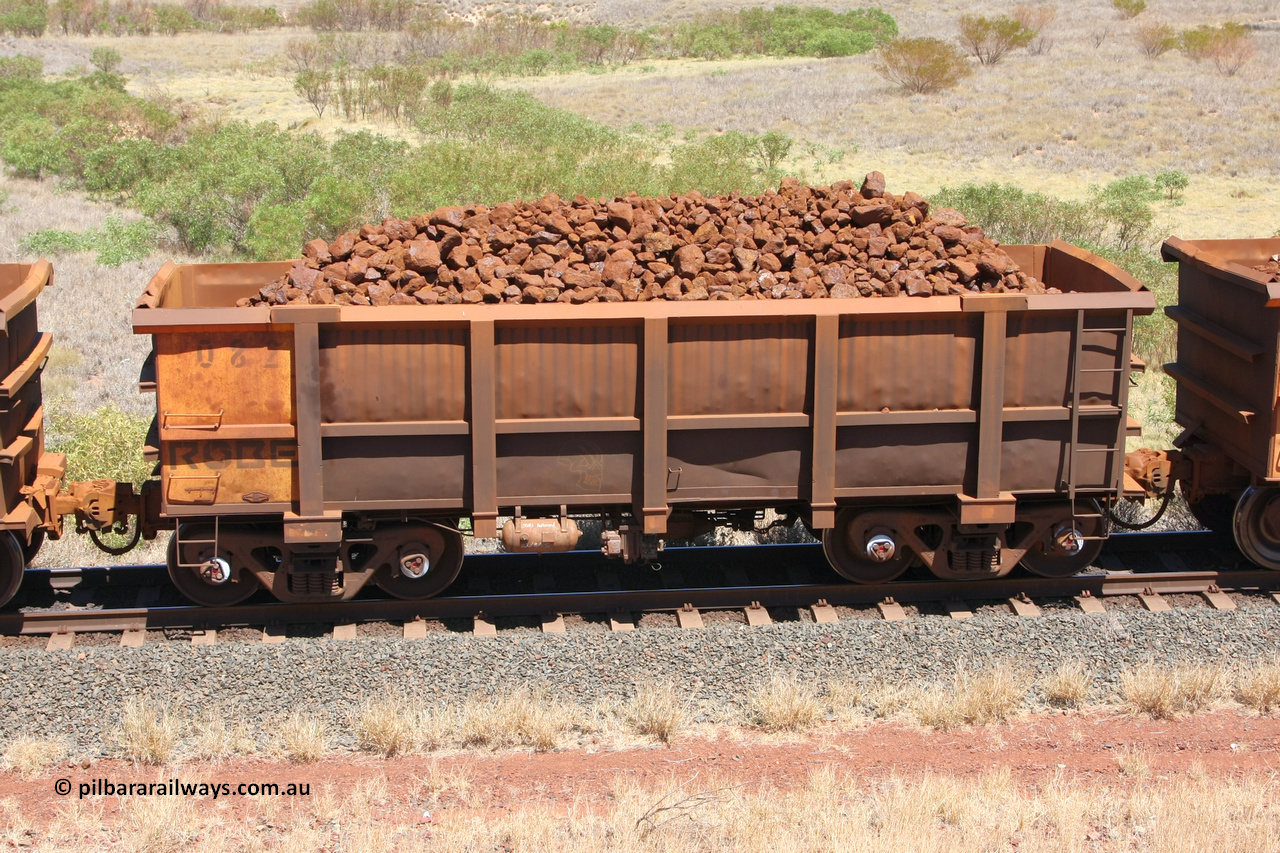 0082 081209 0112
Robe River ore waggon 082, built by Nippon Sharyo Nihon, non-handbrake side loaded view at the 7 km location just south of Cape Lambert yard. December 9, 2008.
Keywords: 082;Nippon-Sharyo-Nihon;Robe-ore-waggon;