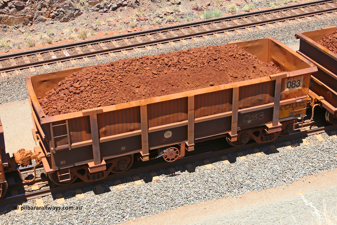 0083 160306 1490
Robe River ore waggon 083, built by Nippon Sharyo Nihon, fixed coupler non-handbrake side loaded view at the 45 km, Harding Siding on the Cape Lambert line. March 6, 2016.
Keywords: 083;Nippon-Sharyo-Nihon;Robe-ore-waggon;