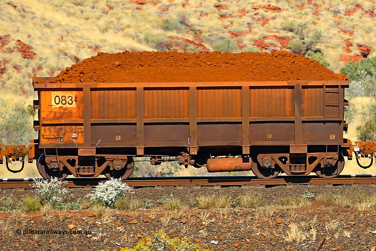 0083 170728 09912
Robe River ore waggon 083, built by Nippon Sharyo Nihon, non-handbrake side loaded view at the 72 km, Western Creek on the Deepdale line. July 28, 2017.
Keywords: 083;Nippon-Sharyo-Nihon;Robe-ore-waggon;