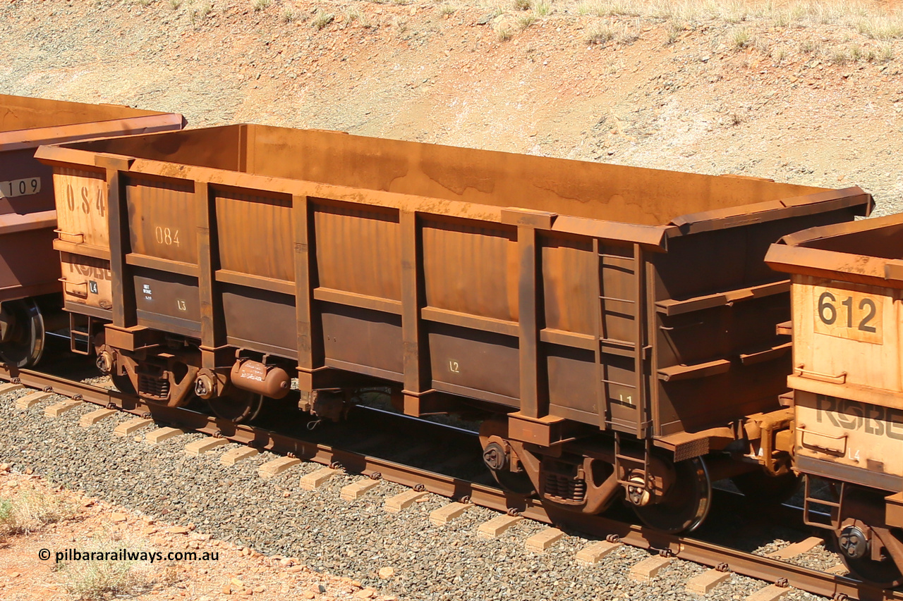0084 160306 1337
Robe River ore waggon 084, built by Nippon Sharyo Nihon, fixed coupler non-handbrake side empty view at Greenpool on the Cape Lambert line. March 6, 2016.
Keywords: 084;Nippon-Sharyo-Nihon;Robe-ore-waggon;