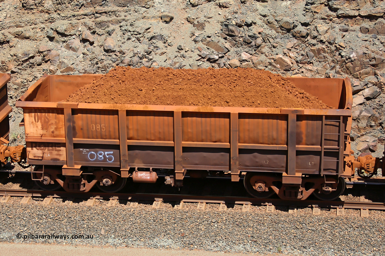 0085 160306 1562
Robe River ore waggon 085, built by Nippon Sharyo Nihon, fixed coupler non-handbrake side loaded view at the 45 km, Harding Siding on the Cape Lambert line. March 6, 2016.
Keywords: 085;Nippon-Sharyo-Nihon;Robe-ore-waggon;