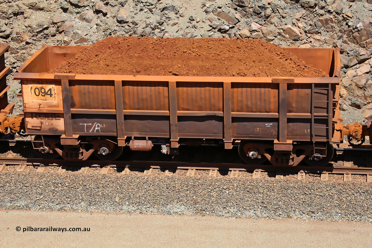 0094 160306 1536
Robe River ore waggon 094, built by Nippon Sharyo Nihon, fixed coupler non-handbrake side loaded view at the 45 km, Harding Siding on the Cape Lambert line. March 6, 2016.
Keywords: 094;Nippon-Sharyo-Nihon;Robe-ore-waggon;