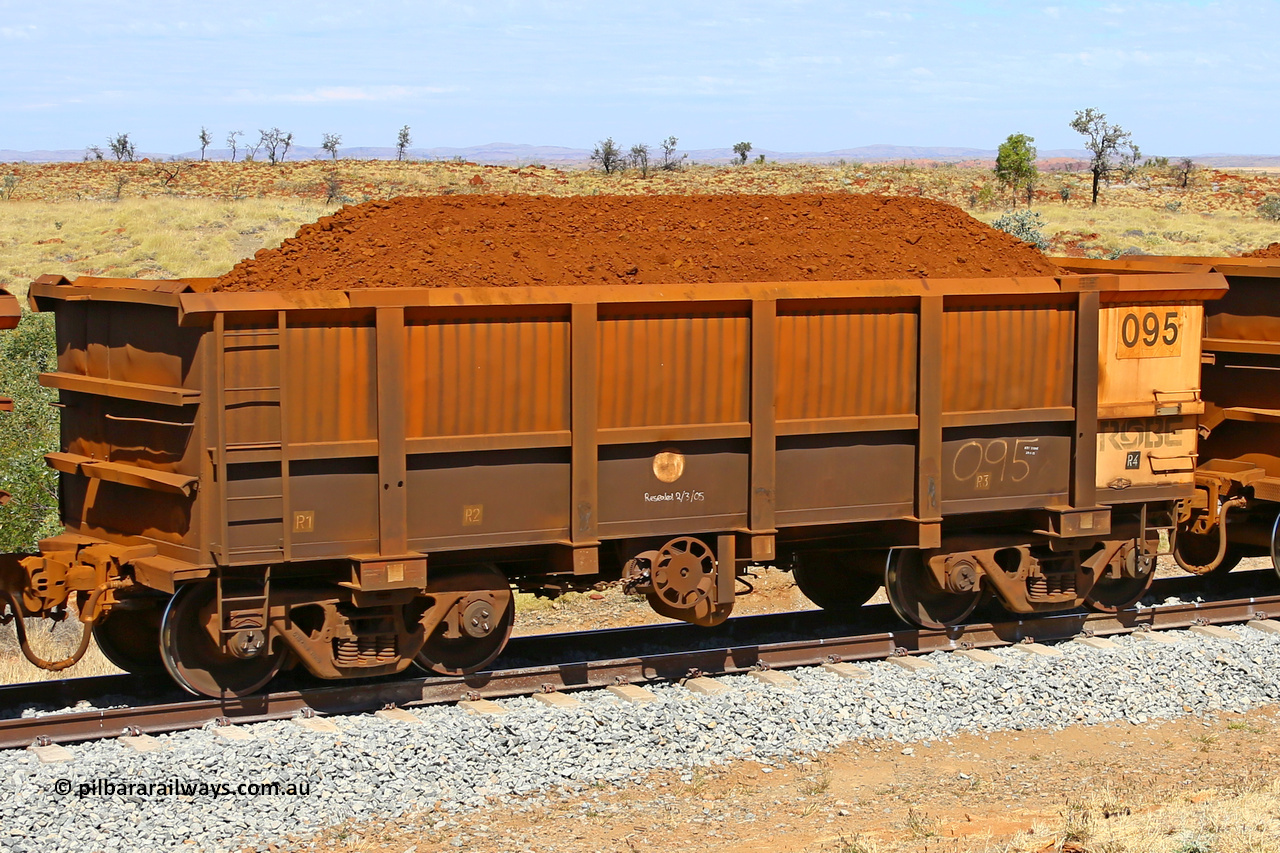 0095 170729 0223
Robe River ore waggon 095, built by Nippon Sharyo Nihon, fixed coupler handbrake side loaded view at the 103 km, between Maitland Siding and the Fortescue River on the Deepdale line. July 29, 2017.
Keywords: 095;Nippon-Sharyo-Nihon;Robe-ore-waggon;