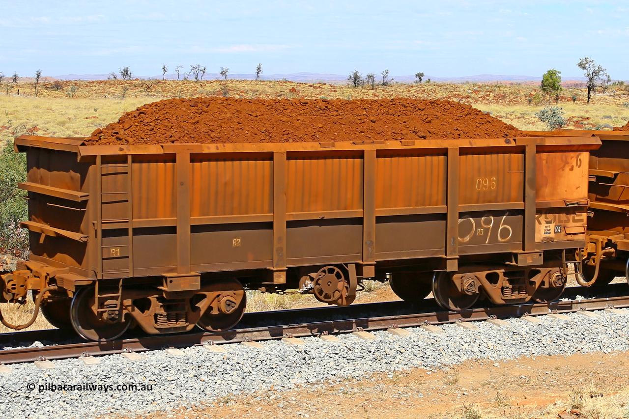 0096 170729 0207
Robe River ore waggon 096, built by Nippon Sharyo Nihon, fixed coupler handbrake side loaded view at the 103 km, between Maitland Siding and the Fortescue River on the Deepdale line. July 29, 2017.
Keywords: 096;Nippon-Sharyo-Nihon;Robe-ore-waggon;