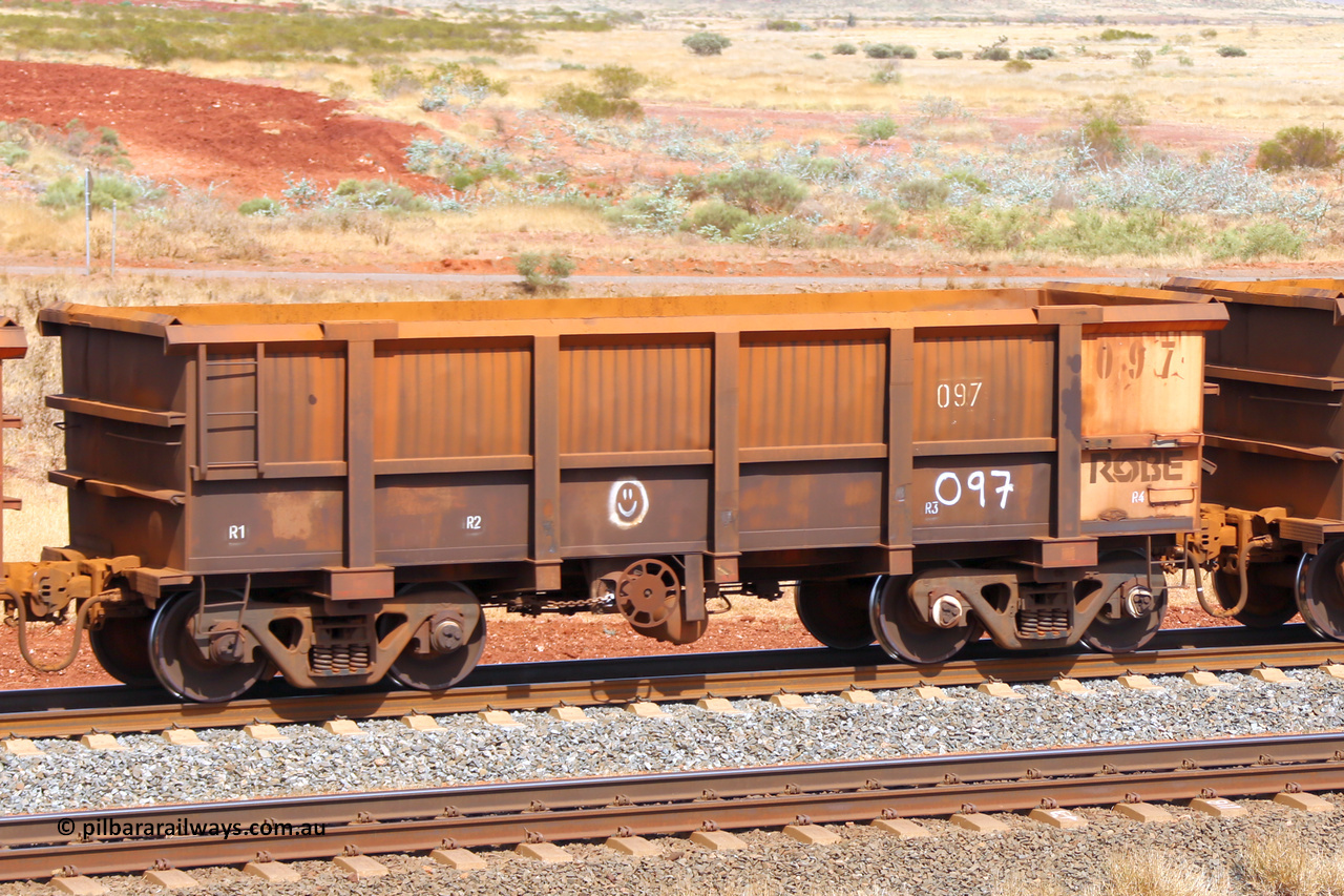0097 141124 6786
Robe River ore waggon 097, built by Nippon Sharyo Nihon, fixed coupler handbrake side empty view at the 25 km at Arches Siding on the Cape Lambert line. November 24, 2014.
Keywords: 097;Nippon-Sharyo-Nihon;Robe-ore-waggon;