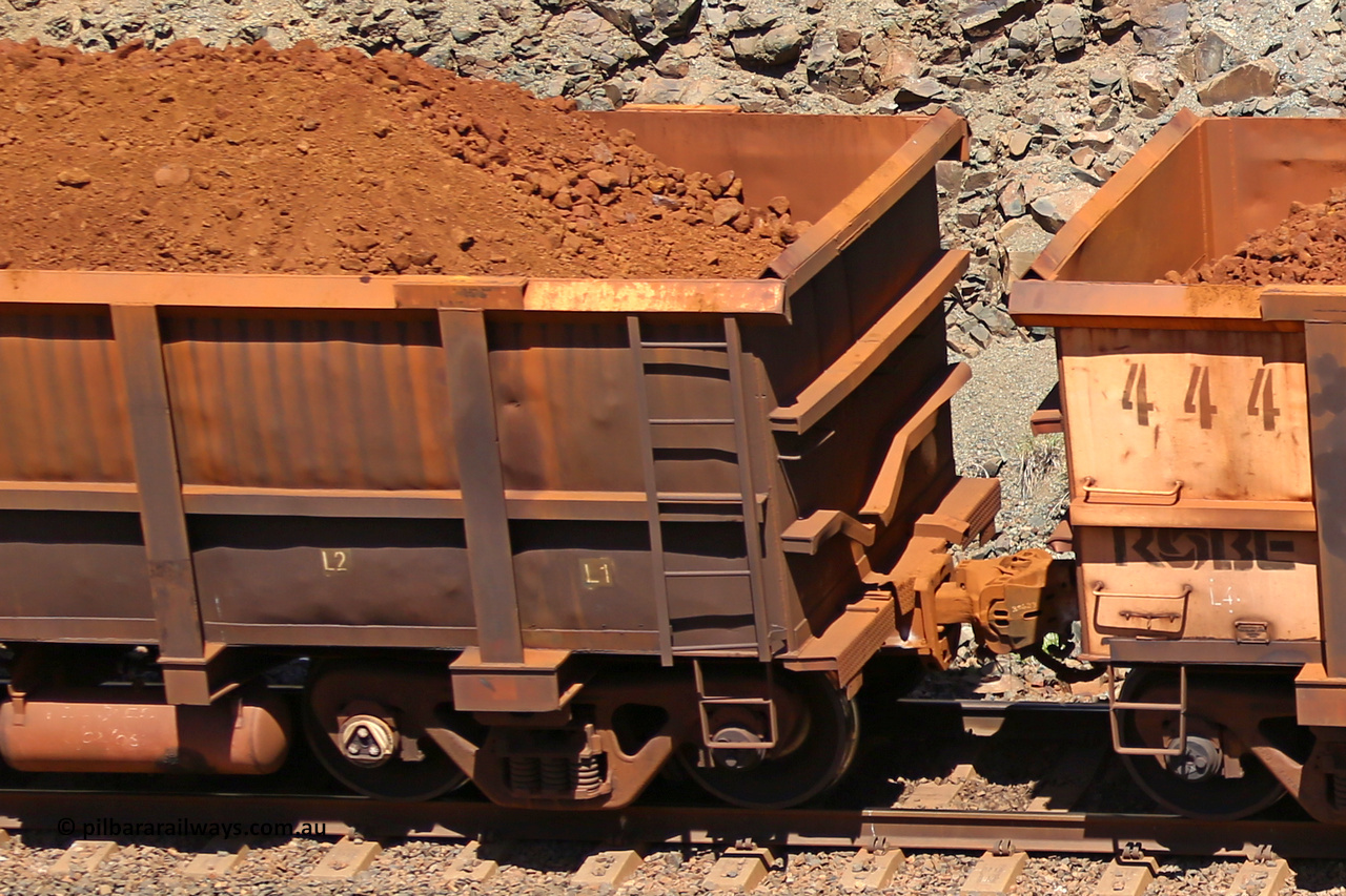 0102 160306 1535
Robe River ore waggon 102, shows rear drop rib which is a feature of the Centurion Industries WA builds, fixed coupler non-handbrake side loaded view at the 45 km, Harding Siding on the Cape Lambert line. March 6, 2016.
Keywords: 102;Nippon-Sharyo-Nihon;Robe-ore-waggon;