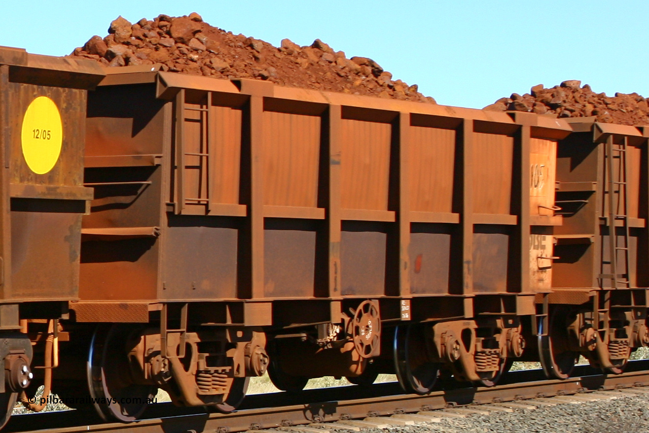 0105 060716 7196
Robe River ore waggon 105, built by Nippon Sharyo Nihon, fixed coupler end handbrake side loaded. Western Creek, July 16, 2006.
Keywords: 105;Nippon-Sharyo-Nihon;Robe-ore-waggon;