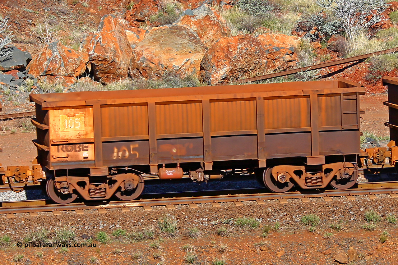 0105 180616 1716
Robe River ore waggon 105, built by Nippon Sharyo Nihon, rotary coupler end non-handbrake side empty view at the 38 km, Harding on the Cape Lambert line, June 16, 2018.
Keywords: 105;Nippon-Sharyo-Nihon;Robe-ore-waggon;