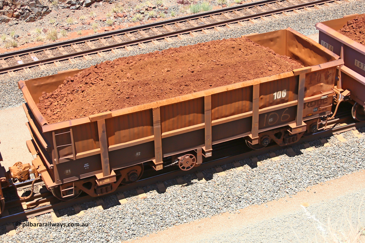 0106 160306 1464
Robe River ore waggon 106, built by Nippon Sharyo Nihon, fixed coupler handbrake side loaded view at the 45 km, Harding Siding on the Cape Lambert line. March 6, 2016.
Keywords: 106;Nippon-Sharyo-Nihon;Robe-ore-waggon;