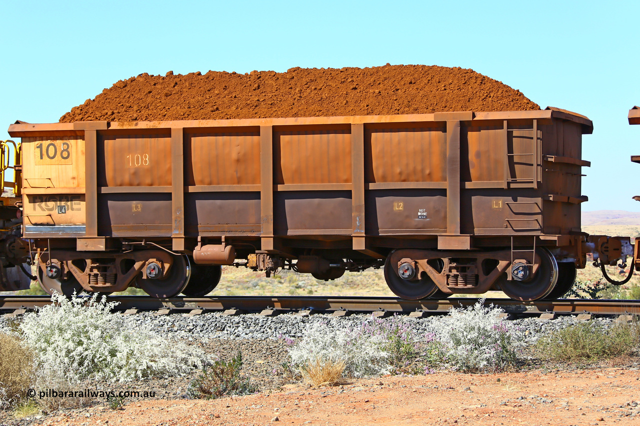 0108 170728 09793
Robe River ore waggon 108, built by Nippon Sharyo Nihon, non-handbrake side loaded view at the 72 km, Western Creek on the Deepdale line. July 28, 2017.
Keywords: 108;Nippon-Sharyo-Nihon;Robe-ore-waggon;
