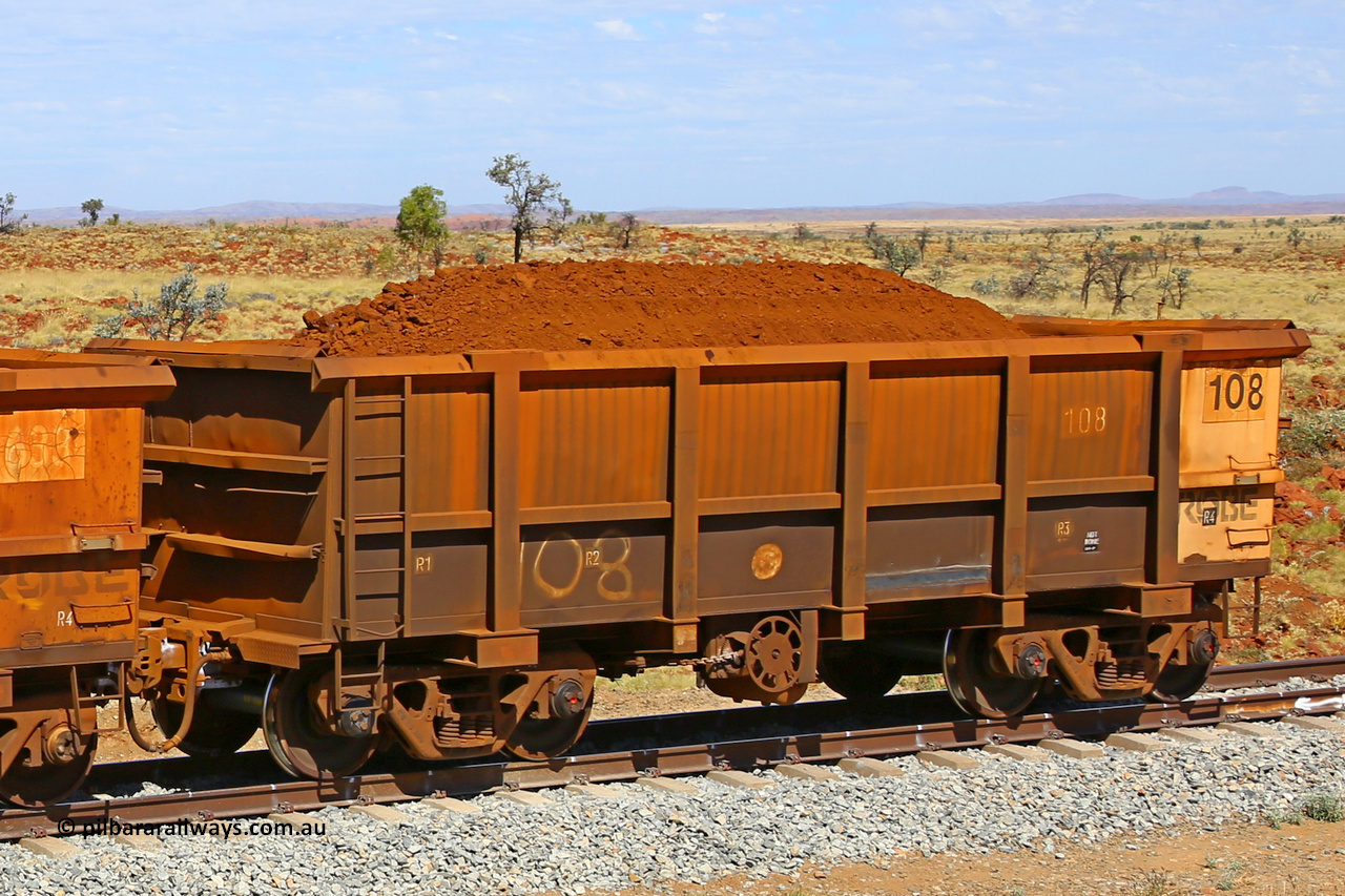 0108 170729 0278
Robe River ore waggon 108, built by Nippon Sharyo Nihon, fixed coupler handbrake side loaded view at the 103 km, between Maitland Siding and the Fortescue River on the Deepdale line. July 29, 2017.
Keywords: 108;Nippon-Sharyo-Nihon;Robe-ore-waggon;