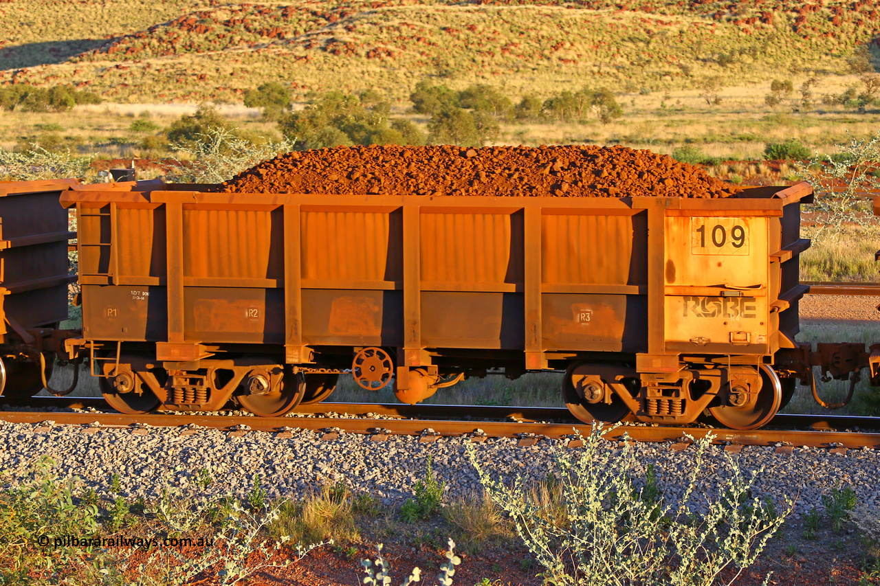 0109 170513 8670
Robe River ore waggon 109, built by Nippon Sharyo Nihon, rotary coupler end handbrake side loaded view, Cape Lambert yard, May 13, 2017.
Keywords: 109;Nippon-Sharyo-Nihon;Robe-ore-waggon;