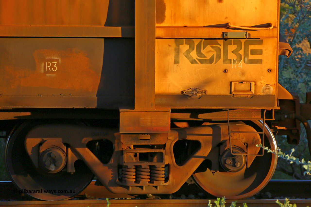 0109 170513 8671
Robe River ore waggon 109, built by Nippon Sharyo Nihon, rotary coupler end plate view, shows Centurion Industries style waybill holder. Cape Lambert yard, May 13, 2017.
Keywords: 109;Nippon-Sharyo-Nihon;Robe-ore-waggon;