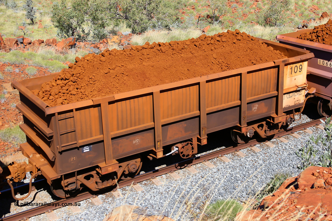 0109 180616 1861
Robe River ore waggon 109, built by Nippon Sharyo Nihon, fixed coupler handbrake side loaded view at Maitland Siding on the Deepdale line, June 16, 2018.
Keywords: 109;Nippon-Sharyo-Nihon;Robe-ore-waggon;