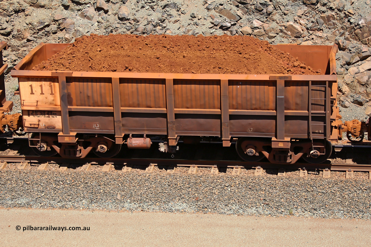 0111 160306 1537
Robe River ore waggon 111, built by Nippon Sharyo Nihon, fixed coupler non-handbrake side loaded view at the 45 km, Harding Siding on the Cape Lambert line. March 6, 2016.
Keywords: 111;Nippon-Sharyo-Nihon;Robe-ore-waggon;