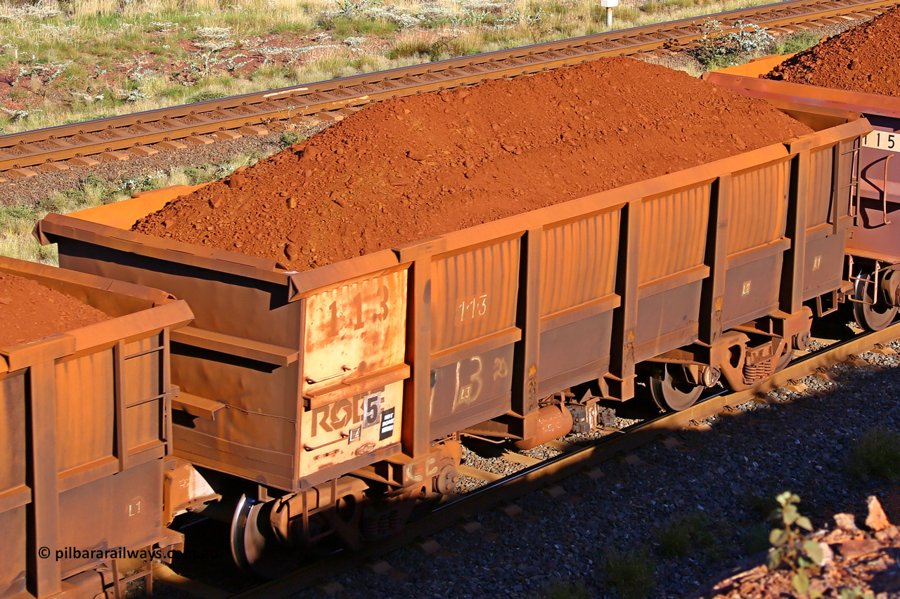 0113 210322 9709
Robe River ore waggon 113, built by Nippon Sharyo Nihon, rotary coupler end non-handbrake side loaded view at the 17 km on the Cape Lambert line, March 22, 2021.
Keywords: 113;Nippon-Sharyo-Nihon;Robe-ore-waggon;
