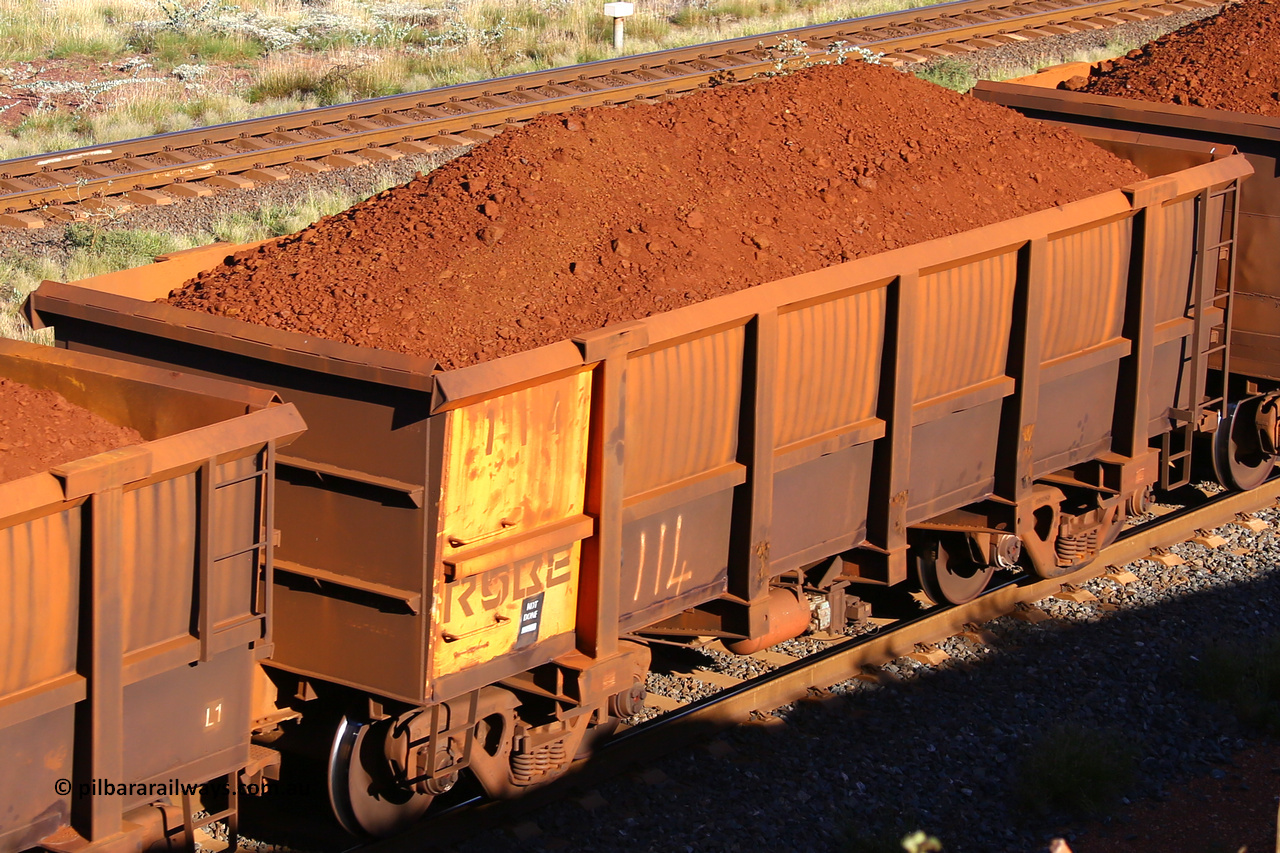 0114 210322 9742
Robe River ore waggon 114, built by Nippon Sharyo Nihon, rotary coupler end non-handbrake side loaded view at the 17 km on the Cape Lambert line, March 22, 2021.
Keywords: 114;Nippon-Sharyo-Nihon;Robe-ore-waggon;