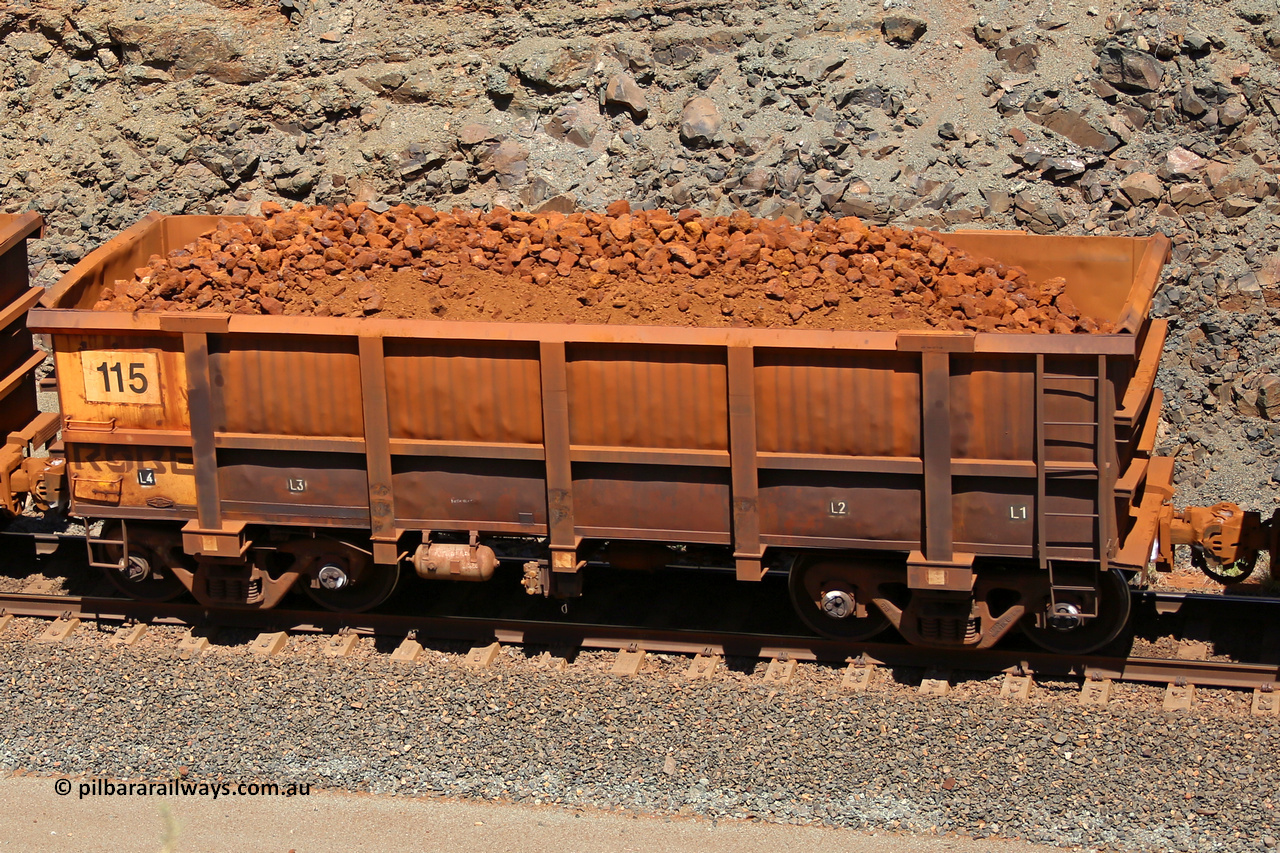 0115 160306 1666
Robe River ore waggon 115, built by Nippon Sharyo Nihon, fixed coupler non-handbrake side loaded view at the 45 km, Harding Siding on the Cape Lambert line. March 6, 2016.
Keywords: 115;Nippon-Sharyo-Nihon;Robe-ore-waggon;