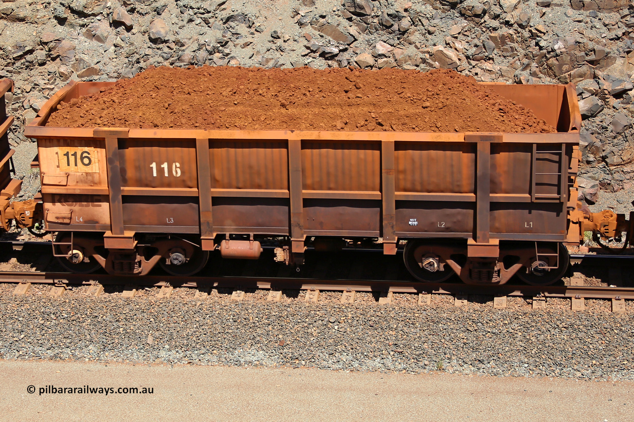 0116 160306 1543
Robe River ore waggon 116, built by Nippon Sharyo Nihon, fixed coupler non-handbrake side loaded view at the 45 km, Harding Siding on the Cape Lambert line. March 6, 2016.
Keywords: 116;Nippon-Sharyo-Nihon;Robe-ore-waggon;