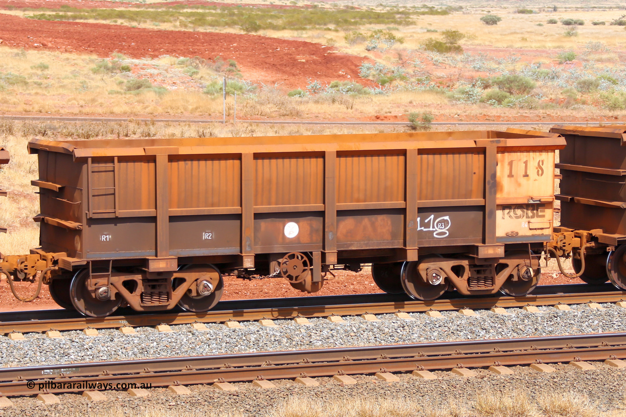 0118 141124 6837
Robe River ore waggon 118, built by Nippon Sharyo Nihon, fixed coupler handbrake side empty view at the 25 km at Arches Siding on the Cape Lambert line. November 24, 2014.
Keywords: 118;Nippon-Sharyo-Nihon;Robe-ore-waggon;