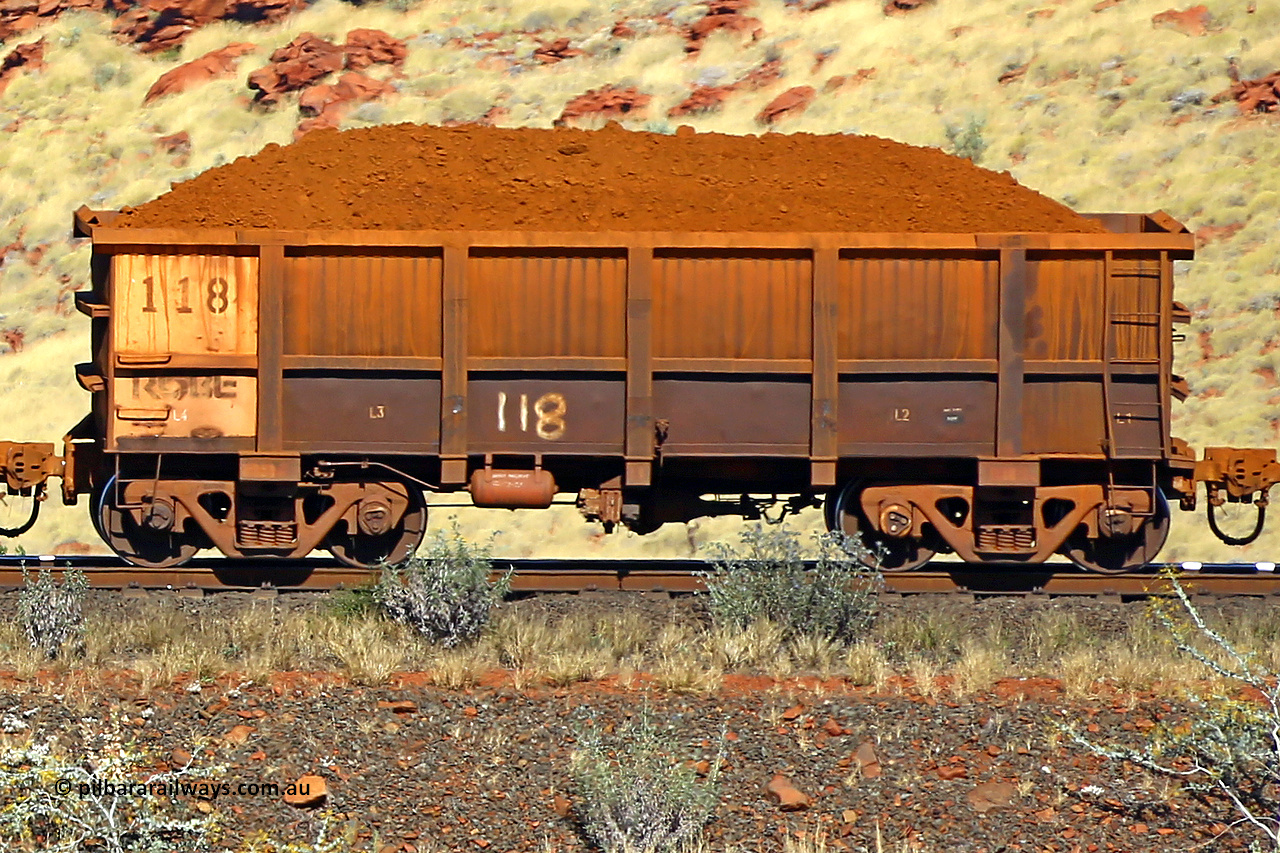 0118 170728 09944
Robe River ore waggon 118, built by Nippon Sharyo Nihon, non-handbrake side loaded view at the 72 km, Western Creek on the Deepdale line. July 28, 2017.
Keywords: 118;Nippon-Sharyo-Nihon;Robe-ore-waggon;