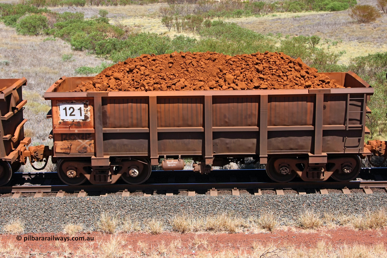0121 081209 0126
Robe River ore waggon 121, built by Nippon Sharyo Nihon, non-handbrake side loaded view at the 7 km location just south of Cape Lambert yard. December 9, 2008.
Keywords: 121;Nippon-Sharyo-Nihon;Robe-ore-waggon;