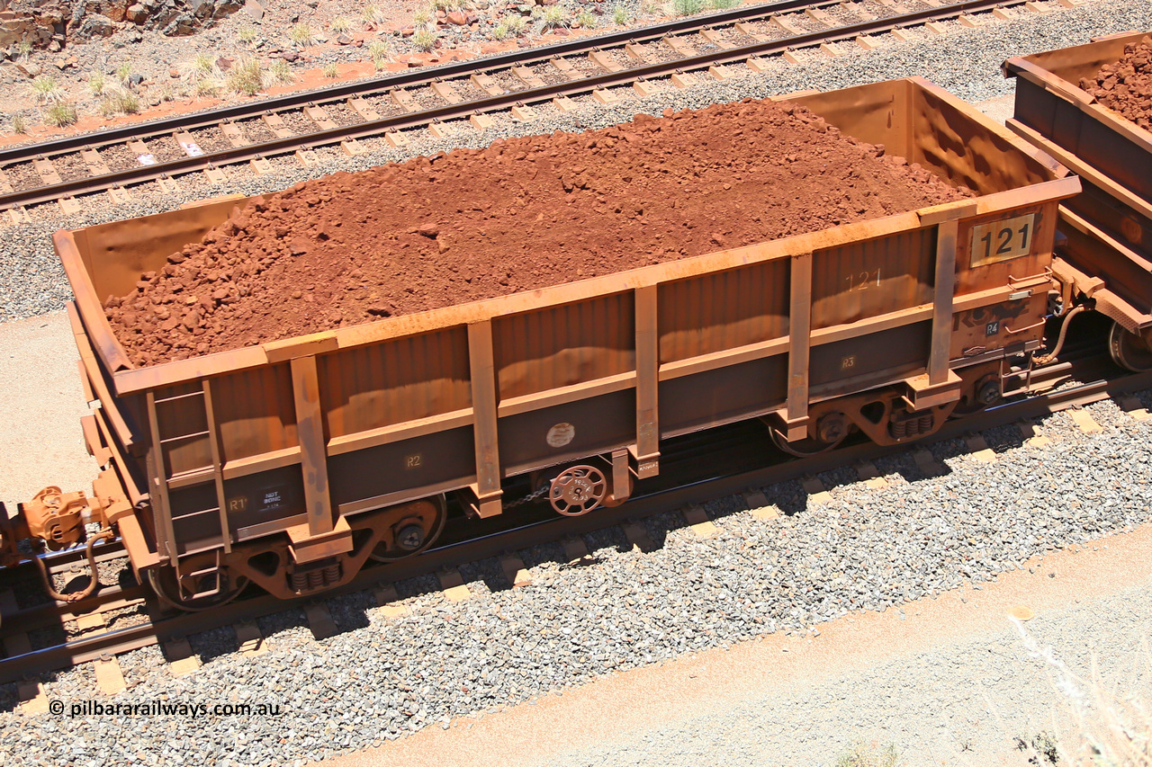0121 160306 1455
Robe River ore waggon 121, built by Nippon Sharyo Nihon, fixed coupler handbrake side loaded view at the 45 km, Harding Siding on the Cape Lambert line. March 6, 2016.
Keywords: 121;Nippon-Sharyo-Nihon;Robe-ore-waggon;