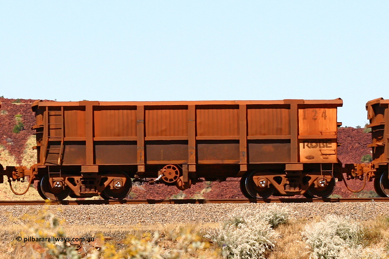 0124 060722 7447
Robe River ore waggon 124, built by Nippon Sharyo Nihon, handbrake side empty view at the 45.4 km just south of Harding Siding on the Cape Lambert line. July 22, 2006.
Keywords: 124;Nippon-Sharyo-Nihon;Robe-ore-waggon;