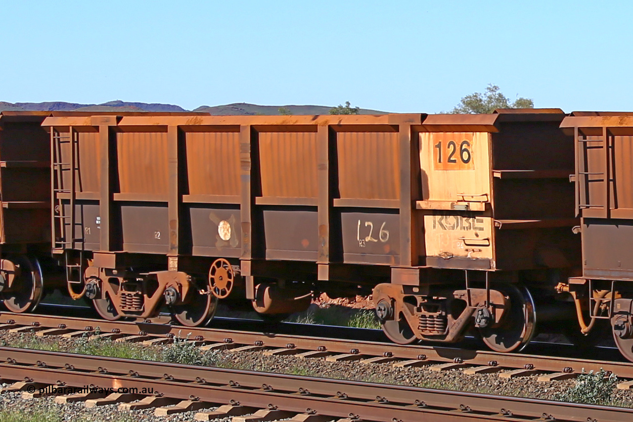 0126 160727 0971
Robe River ore waggon 126, built by Nippon Sharyo Nihon, rotary coupler end handbrake side empty view at Harding Siding on the Cape Lambert line, July 27, 2016.
Keywords: 126;Nippon-Sharyo-Nihon;Robe-ore-waggon;
