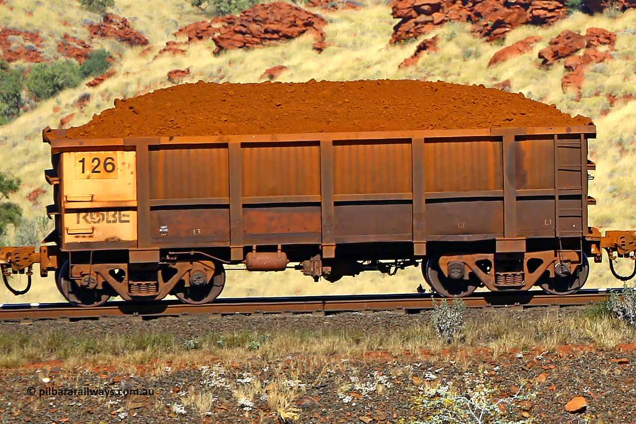 0126 170728 09934
Robe River ore waggon 126, built by Nippon Sharyo Nihon, non-handbrake side loaded view at the 72 km, Western Creek on the Deepdale line. July 28, 2017.
Keywords: 126;Nippon-Sharyo-Nihon;Robe-ore-waggon;