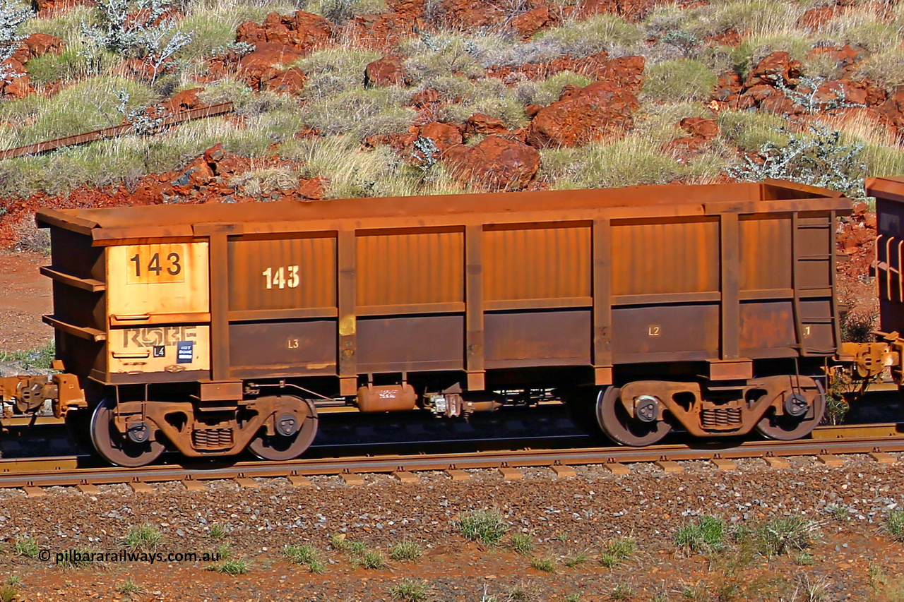 0143 180616 1728
Robe River ore waggon 143, built by Nippon Sharyo Nihon, rotary coupler end non-handbrake side empty view at the 38 km, Harding on the Cape Lambert line, June 16, 2018.
Keywords: 143;Nippon-Sharyo-Nihon;Robe-ore-waggon;