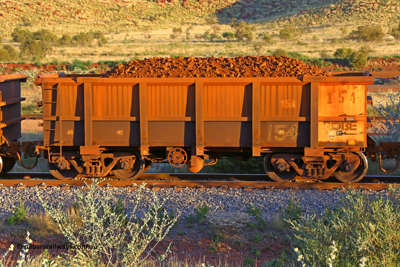 0154 170513 8757
Robe River ore waggon 154, built by Centurion Industries WA as a replacement, plate marking is visible, handbrake side loaded view, Cape Lambert yard, May 13, 2017.
Keywords: 154;Centurion-Industries-WA;Robe-ore-waggon;