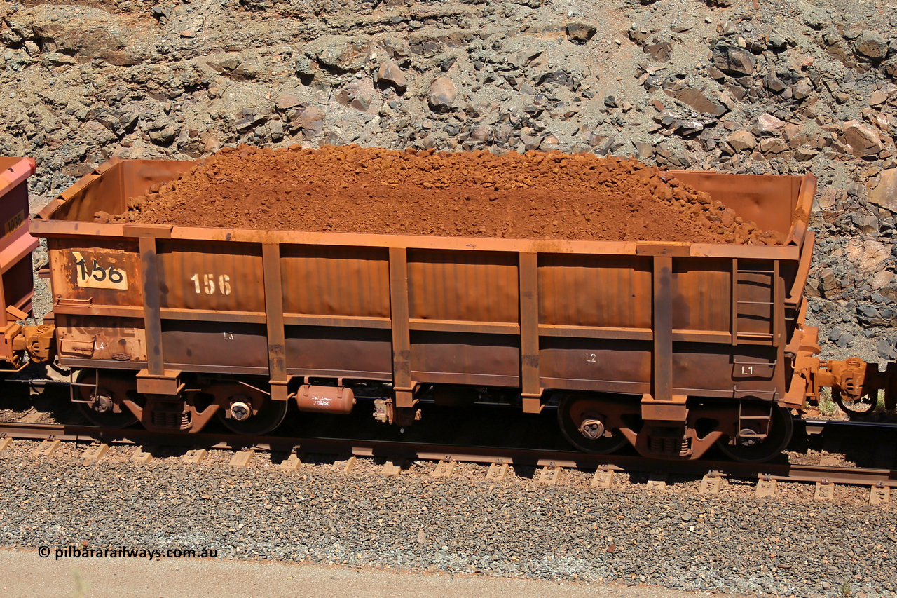 0156 160306 1601
Robe River ore waggon 156, built by Nippon Sharyo Nihon, fixed coupler non-handbrake side loaded view at the 45 km, Harding Siding on the Cape Lambert line. March 6, 2016.
Keywords: 156;Nippon-Sharyo-Nihon;Robe-ore-waggon;